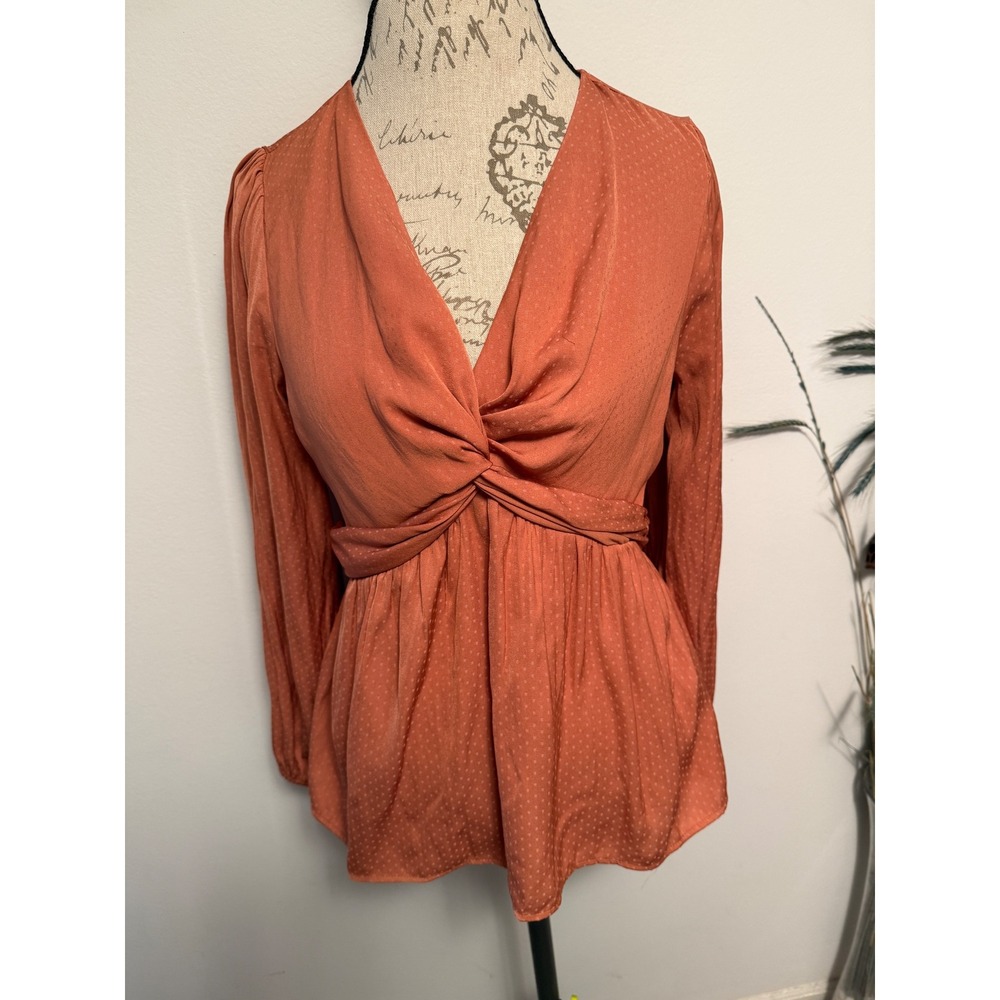 PLEIONE Orange Polka Dot Twist Front Peplum Blouse Women's Size S